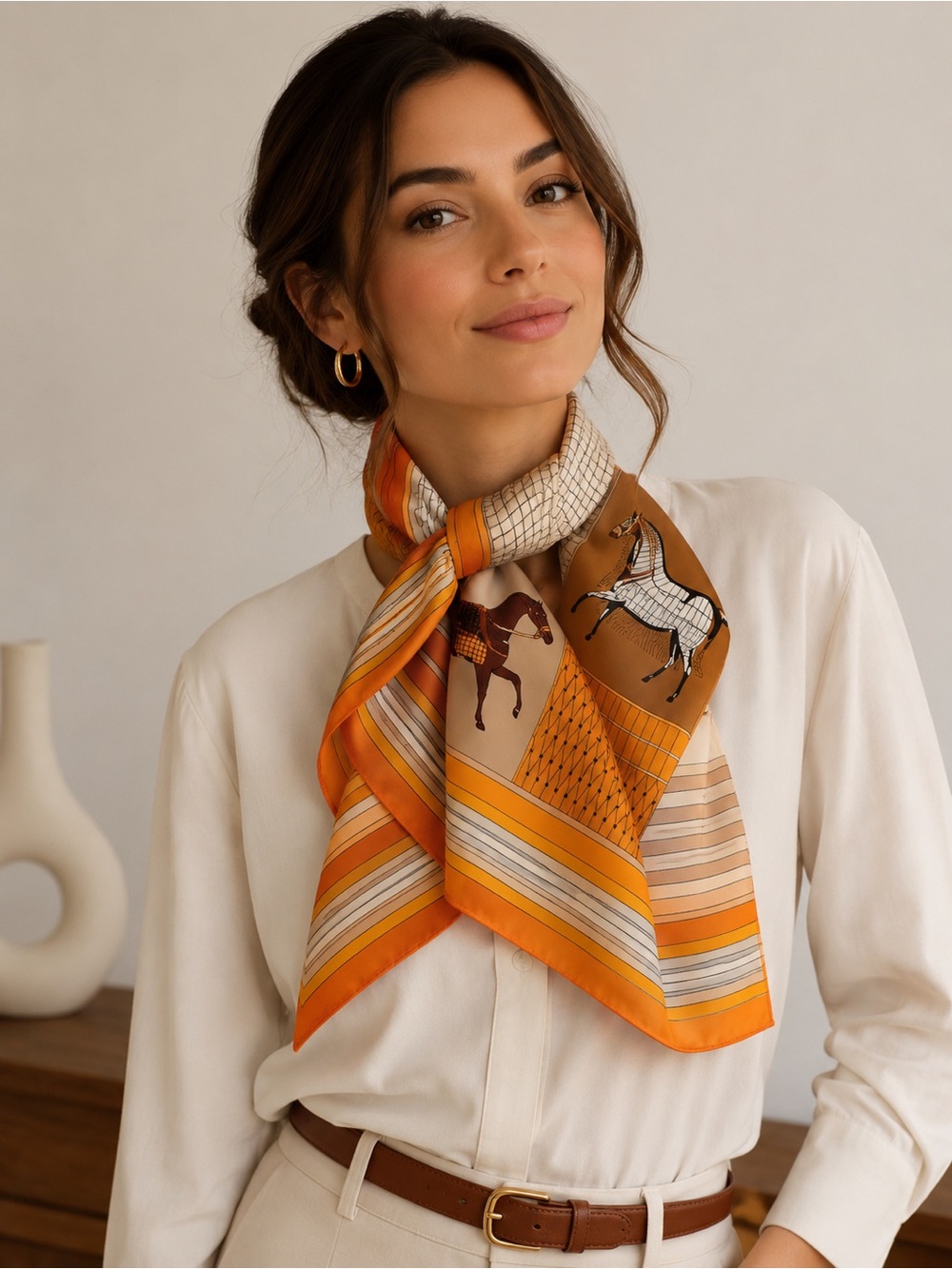 Orange and Tan Horse-Print Silk Inspired Scarf
